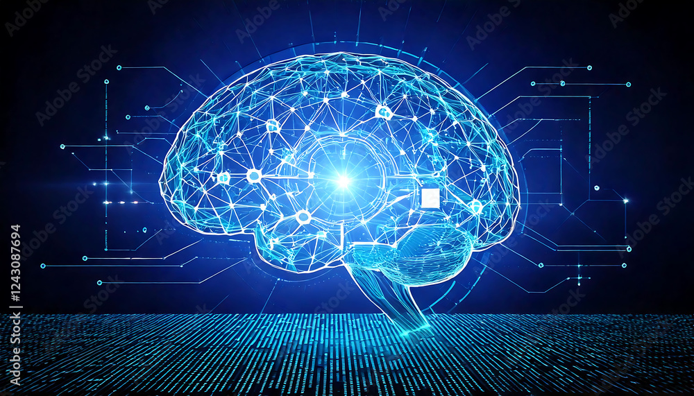 Poster stunning abstract image of a digital brain, glowing with vibrant blue light and intricate neural net
