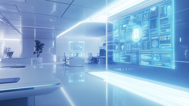 Ultra-modern laboratory with futuristic technology, illuminated by cool blue lighting, showcasing high-tech research equipment and a sterile atmosphere
