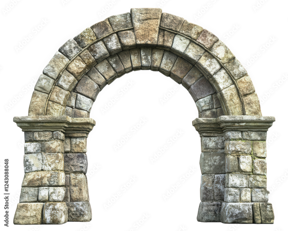 Poster weathered stone archway with rustic design, isolated on transparency background, showcasing intricat