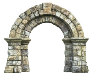 Weathered stone archway with rustic design, isolated on transparency background, showcasing intricate details and textures. This structure evokes sense of history and charm