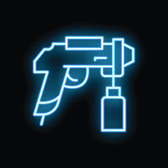 Blue neon icon of a spray gun glowing against a black background