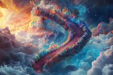 A colorful staircase is shown in the sky, with clouds