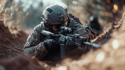Soldier in Combat Position Aiming Rifle in Trench Warfare Setting