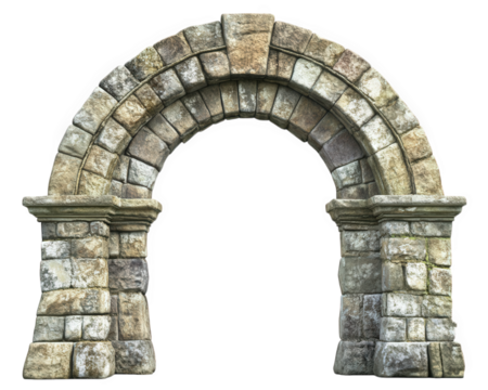 Weathered stone archway with rustic design, isolated on transparency background, showcasing intricate details and textures. This structure evokes sense of history and charm