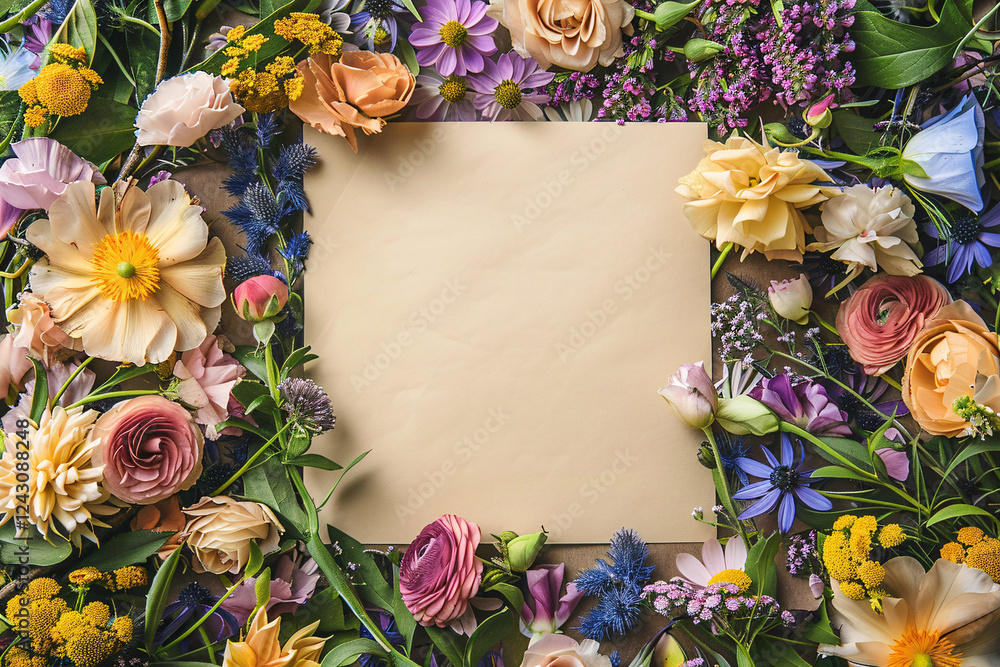 Poster Vibrant flower arrangement creates a border around an empty canvas, ready for your text