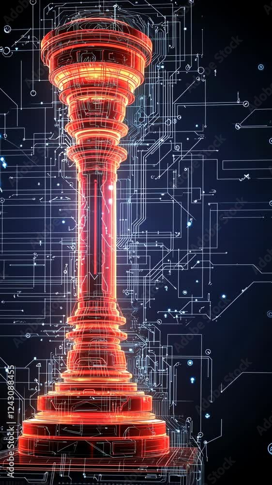 Aufkleber chess piece illuminated in red against a complex digital circuit background symbolizing technology a