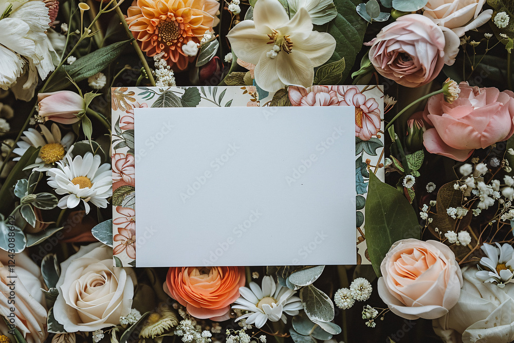 Poster empty card rests on a bouquet of flowers, creating a joyful setting for a mock wedding invitation