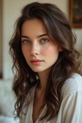 Naklejka premium arafed woman with long brown hair and blue eyes posing for a picture