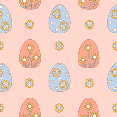 Easter Seamless pattern with decorative paschal egg with flowers on pink background. Holiday Vector illustration