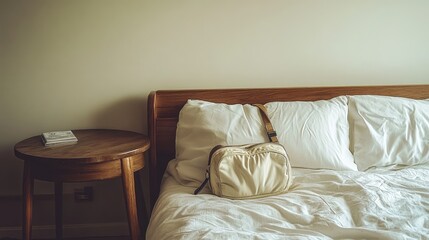 A stylish small shoulder bag resting neatly on a modern wooden bedside table in a cozy condo.