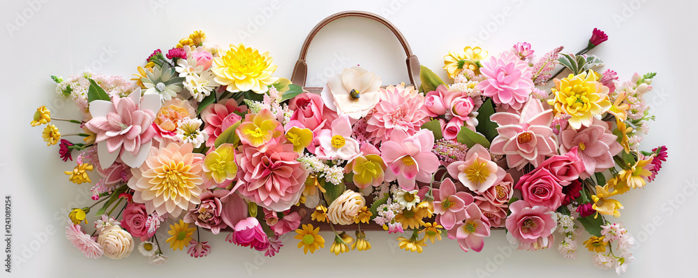 Aufkleber creating a colorful floral arrangement on a handbag using a variety of flowers