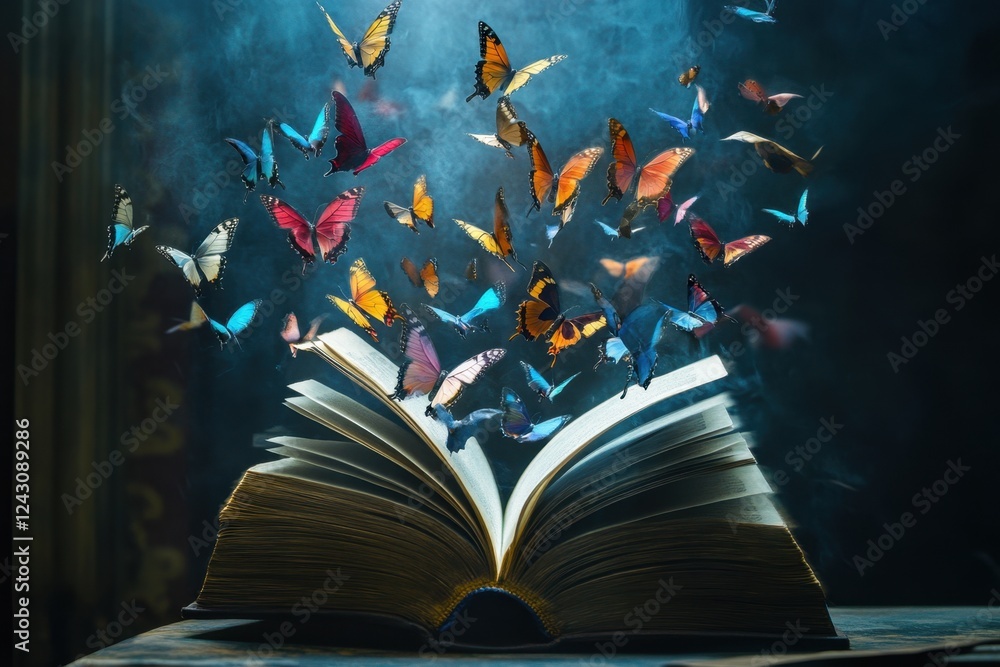 Poster a book is open to a page with a butterfly on it