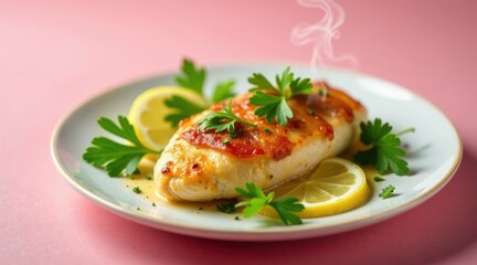 Aromatic Baked Chicken Breast with Lemon and Parsley Garnish on a Plate