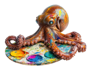 octopus with giant paint palette creating colorful masterpiece. vibrant colors and artistic expression showcase octopus creativity and unique talent