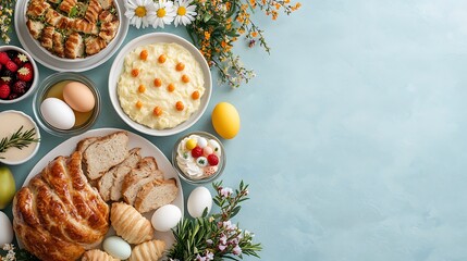 Easter day celebration pastel eggs and delicious food on a festive table