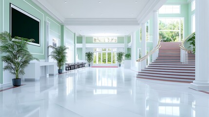 Obraz premium Elegant Grand Lobby Interior Design with Marble Floor Staircase and Lush Greenery