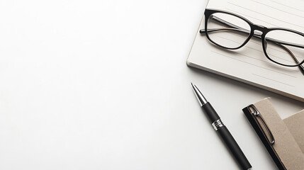 Fototapeta premium Clean minimalist workspace featuring a notebook, pen, and eyeglasses on a white background. Perfect for concepts of productivity, organization, and office supplies.