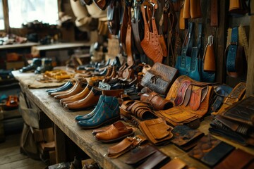 Cobblers crafting leather accessories alongside shoes, vibrant belts and bags in rustic workshop, dynamic focus on multi-talented craftsmanship