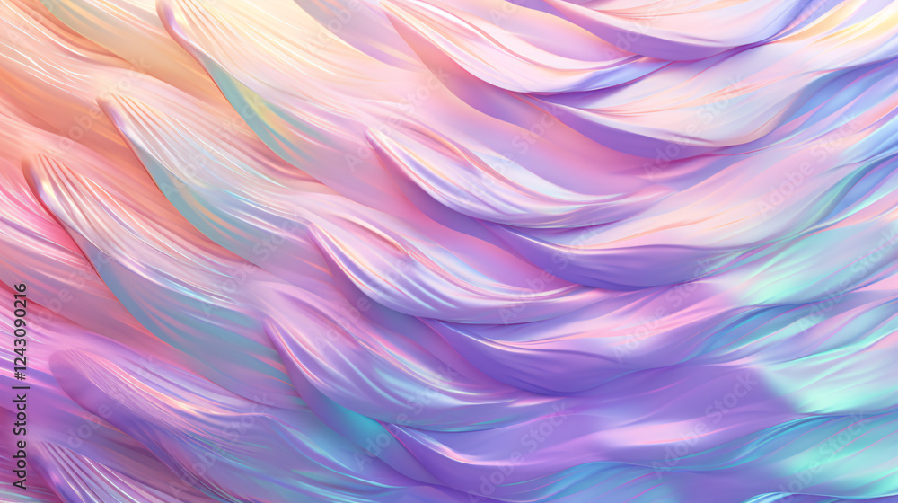Poster Iridescent digital art of an abstract, fluid design, perfect for futuristic technology display backgrounds and banners.

