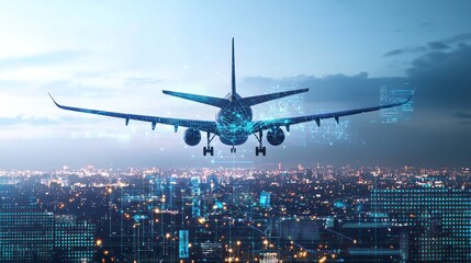 Airplane Arriving Over City at Night