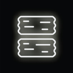 White neon sign of two tickets glowing on a black background