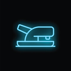 Blue neon stapler glowing on dark background, concept for stationery, office supply or business