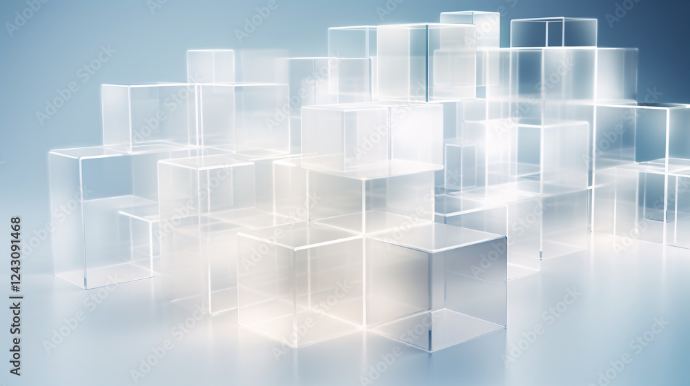 Leinwandbilder Isometric blockchain art with planar geometry and frosted glass, ideal for technology presentations and display banners.

