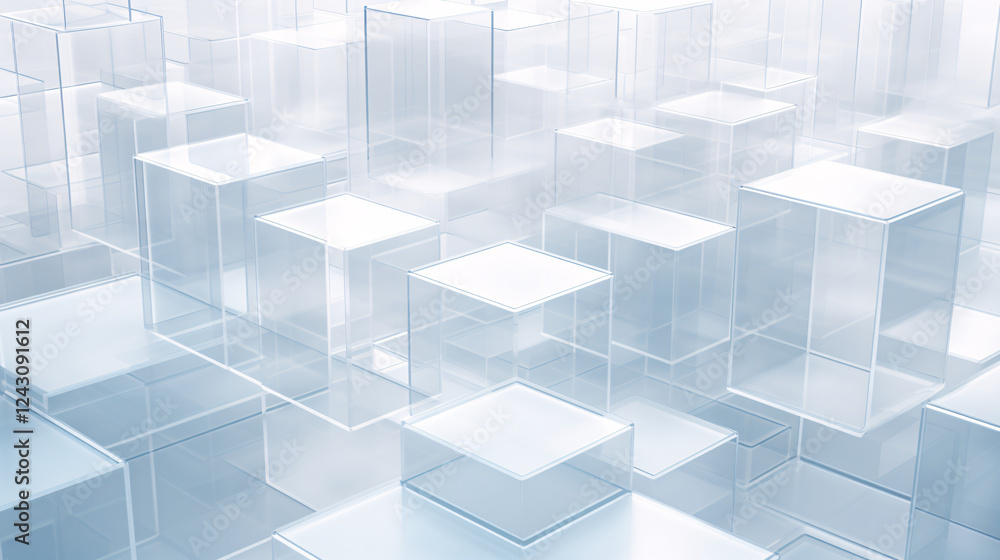 Poster Isometric blockchain art with planar geometry and frosted glass, ideal for technology presentations and display banners.

