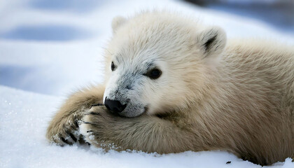 Adorable polar bear cub resting in the snow.  Soft, fluffy fur and captivating eyes. Perfect for wildlife, nature, conservation, and children's book projects.