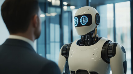 A human-like robot engaging in a corporate interview with a businessman in a contemporary meeting room setting.