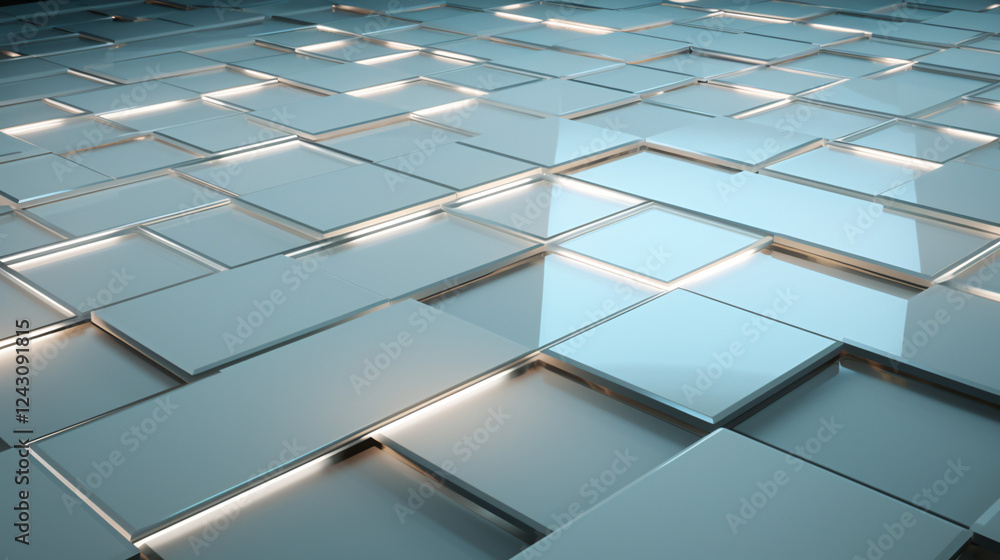 Poster isometric flooring with minimalist blue and frosted white glow, perfect for technology presentation 
