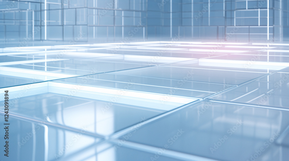 Poster isometric flooring with minimalist blue and frosted white glow, perfect for technology presentation 