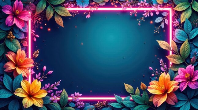 Vibrant Floral Frame with Glowing Neon Accent, Ideal for Springtime Announcements or Festive Invitations