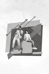 Vertical collage image of two positive mini people stand sit big pile stack money coins growing arrow upwards