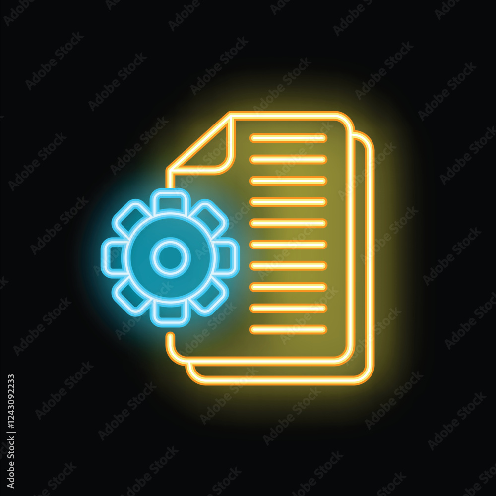 Poster neon icon of a gear working on digital documents representing the concept of automation