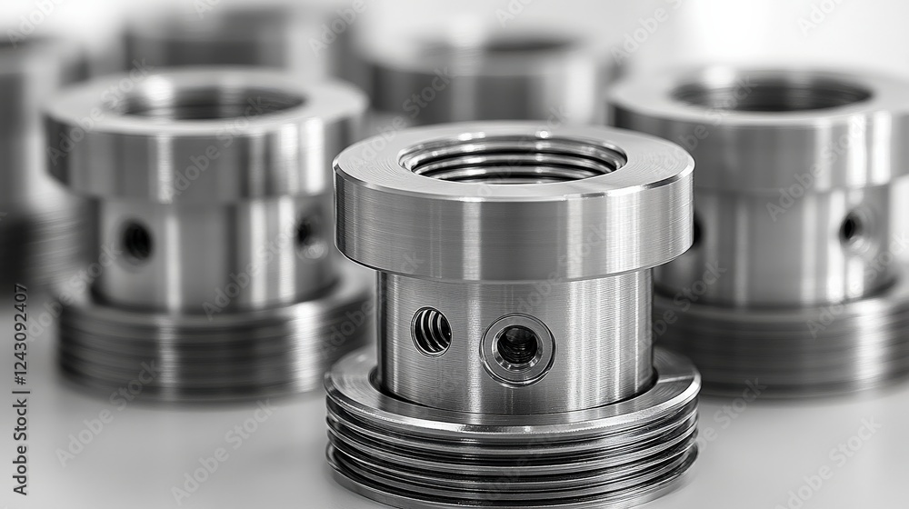 Aufkleber close-up view of metallic machine parts arranged in a workshop setting, showcasing precision enginee