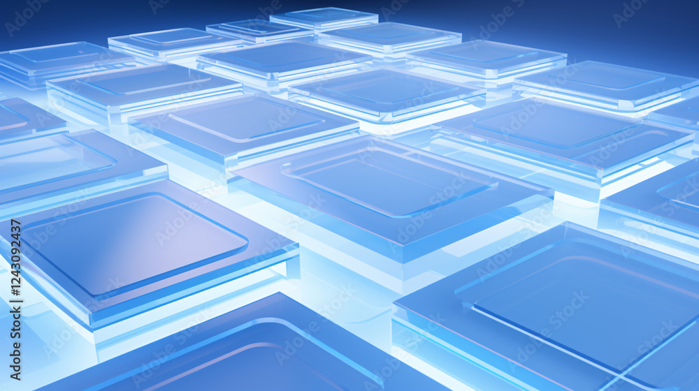 Poster isometric flooring with minimalist blue and frosted white glow, perfect for technology presentation 