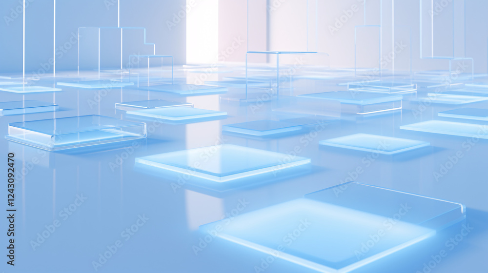 Poster isometric flooring with minimalist blue and frosted white glow, perfect for technology presentation 