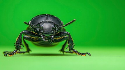 Fototapeta premium Shiny black beetle crawling on green screen macro photography nature setting close-up view entomology concept