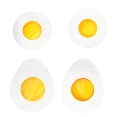 Boiled egg halves with rich yellow yolks and smooth whites. A watercolor illustration ideal for menus, diet plans, recipe books, healthy lifestyle blogs, farm product packaging, and breakfast visuals