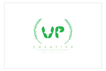 VP letters eco logo with leaf. Fresh nature and healthy leaf logo design.