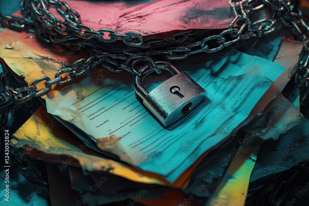 Poster a chain is wrapped around a lock and a key is hanging from it