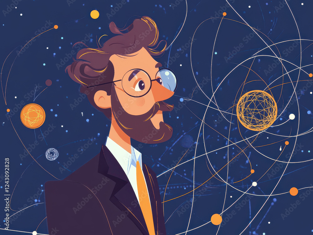 Poster theoretical physicist with subatomic particles and cosmic elements, showcasing blend of science and 