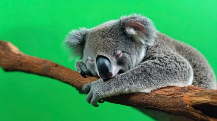 Naklejka premium Sleepy koala resting on a tree branch in a green screen environment high-resolution animal content