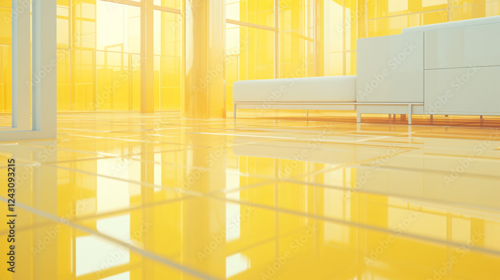 Poster isometric flooring with minimalist yellow and frosted interior design, perfect for technology presen