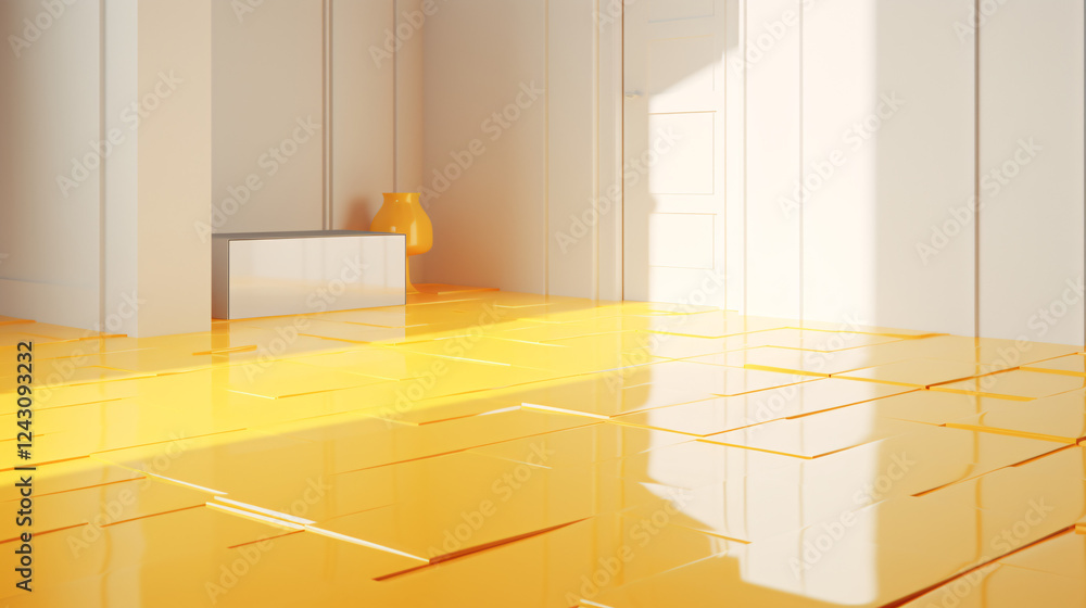 Poster isometric flooring with minimalist yellow and frosted interior design, perfect for technology presen