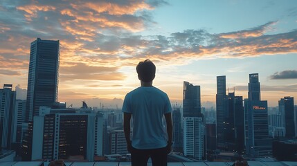 Man Contemplating City Skyline at Sunset