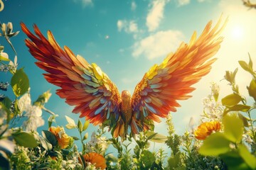 Obraz premium A colorful bird with its wings spread out in a field of flowers