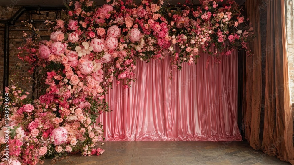 Poster a stunning floral display of pink peonies and roses adorns an elegant venue, perfectly complementing