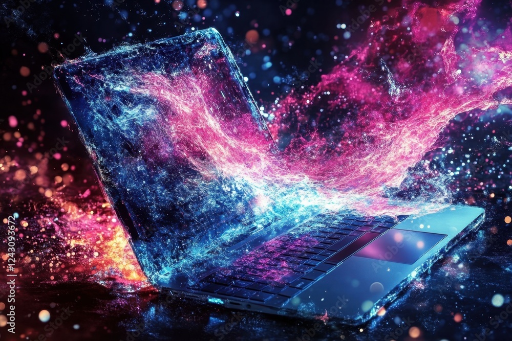 Poster a laptop is open and the screen is displaying a colorful, swirling pattern